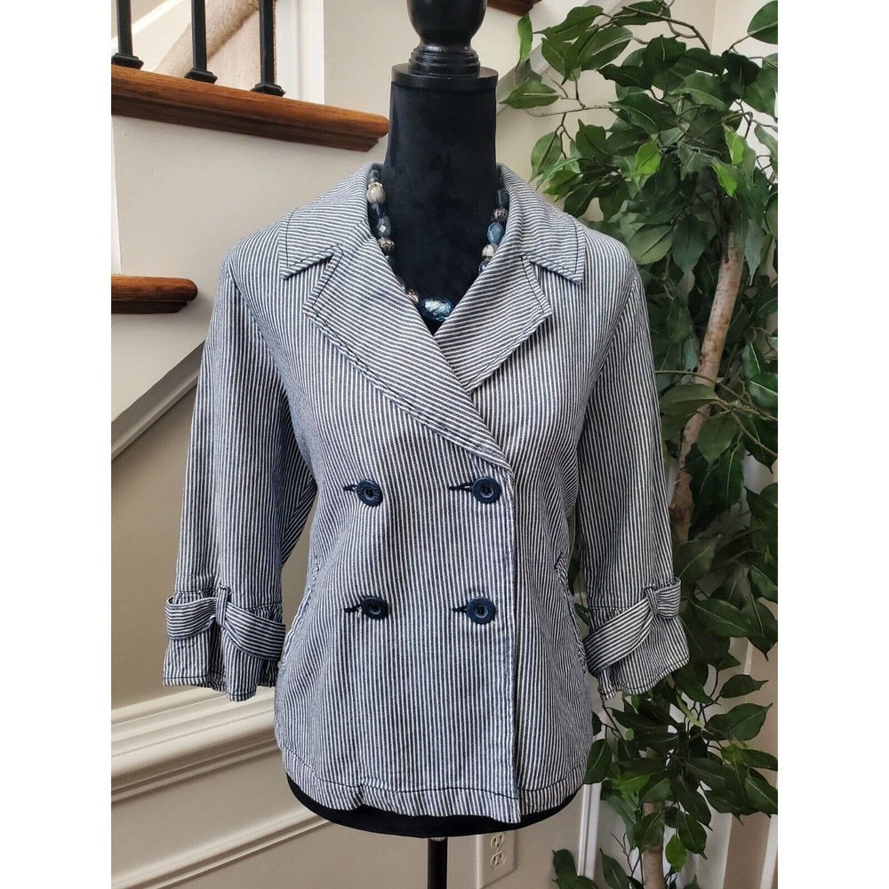 Kikit Women's Striped 100% Cotton‎ Long Sleeve Double Breasted Blazer Size Large